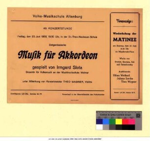 Originaltitel: 40. Konzertstunde Zeitgenössische Musik für Akkordeon gespielt von Irmgard Slota unter Mitwirkung von Konzertmeister Theo Wagner, Violine