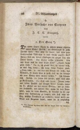4. Zwey Versuche von Satyren von J. C. C. Klinguth.