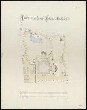 Grundriss einer Gartenanlage, kolorierte Handzeichnung, um 1890 : Fickentscher, C: Grundriss einer Gartenanlage. - 1:250 - [S.l.] ,[1890]. - 1 Plan : kolor. Federzeichng. ; 24,7 x 27,5 cm
