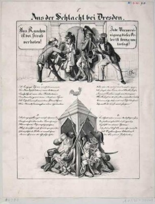 Die Geschichte des Soldaten Barchewitz, der 1813 in der Schlacht bei Dresden Moreau die Beine abschoß, Verse von Julius Koch mit Spottbildern in drei Teilen, erstes Blatt mit zwei Bildern, Überschrift und den Versen 1 bis 4
