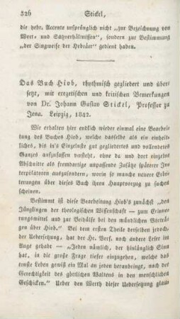 326-332 [Rezension] Stickel, Johann Gustav, Das Buch Hiob