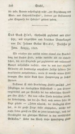326-332 [Rezension] Stickel, Johann Gustav, Das Buch Hiob