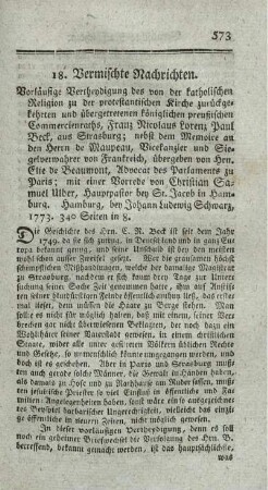 Vorläufige Vertheidigung des von der katholischen Religion zu der protestantischen Kirche zurückgekehrten und übergetretenen königlichen preußischen Commercienrats, Franz Nicolaus Lorenz Paul Beck, aus Strasburg.