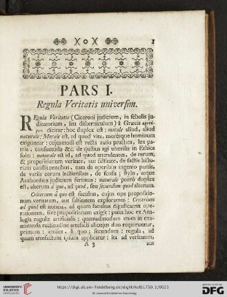 Pars I: Regula Veritatis universim