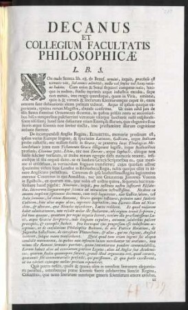 Decanus Et Collegium Facultatis Philosophicae L. B. S.