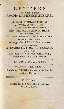 Letters of the late Rev. Mr. Laurence Sterne, to his most intimate friends, on various occasions, as published by his daughter Mrs. Medalle and others : ... To which are added An appendix of xxxii. letters, ... and the History of a watch-coat, ... In two volumes, 1
