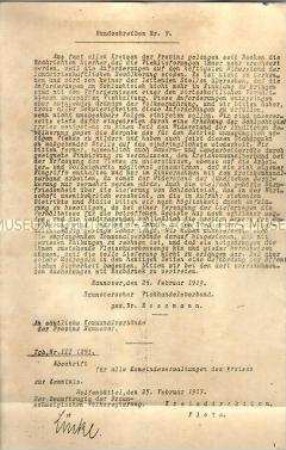 Hektografiertes Rundschreiben zu Viehlieferungen