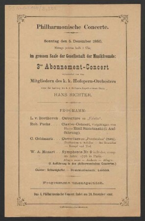 Programmzettel für ein Konzert des Orchesters der Wiener Hofoper am 5.12.1880 unter der Leitung Hans Richters