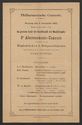Programmzettel für ein Konzert des Orchesters der Wiener Hofoper am 5.12.1880 unter der Leitung Hans Richters