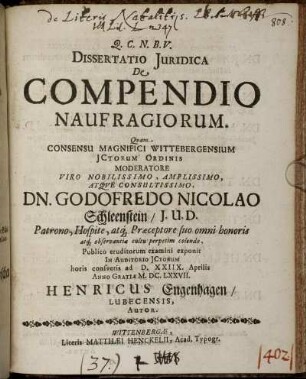Dissertatio Iuridica De Compendio Naufragiorum