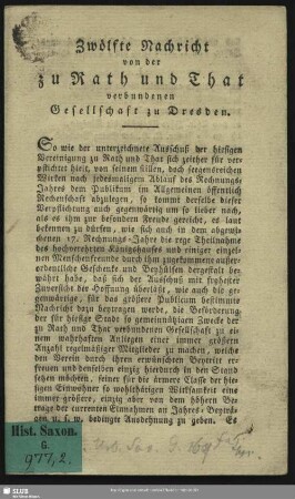 12.1820: Nachricht von der zu Rath und That verbundenen Gesellschaft zu Dresden