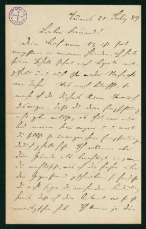 Brief vom 21. July 1889
