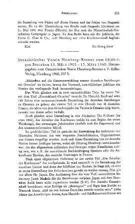Ostasiatischer Verein Hamburg-Bremen zum 60jährigen Bestehen 13. März 1900 - 13. März 1960, hrsg. vom Ostasiatischen Verein Hamburg-Bremen e.V. : Hamburg, Kühn, 1960