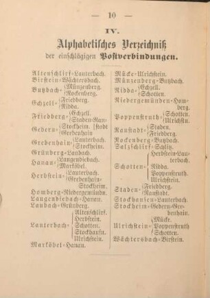 IV. Alphabetisches Verzeichniß der einschlägigen Postverbindungen.