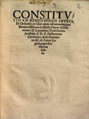 Constitvtio Ad Removendos Abvsvs, Et Ordinatio ad Cleri uitam reformandam