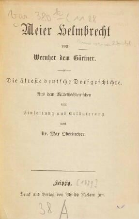 Meier Helmbrecht : die älteste deutsche Dorfgeschichte