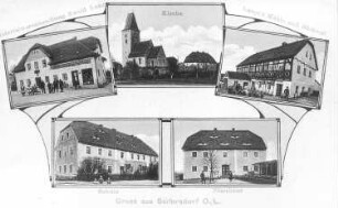 Waldhufen-Nieder Seifersdorf. Langes Mühle und Bäckerei, u.a. Motive, Ansichtskarte, um 1920, Repro (RA Görlitz, Postkartensammlung)