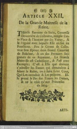 Article XXII. De la Grande Maitresse de la Reine
