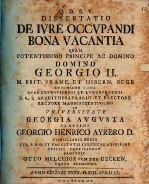 Dissertatio De Ivre Occvpandi Bona Vacantia