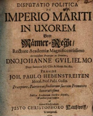 Disp. pol. de imperio mariti in uxorem, Vom Männer-Recht