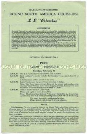 Ausflugsprogramm von der Südamerika-Rundreise auf der "Columbus" für den Aufenthalt in Peru (englisch) - Nachlass