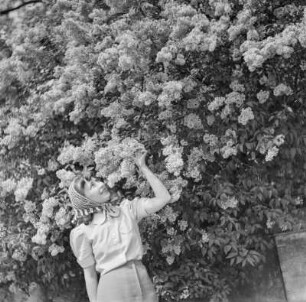Elisabeth Gremmler vor einem Fliederstrauch