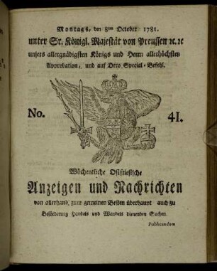 No. 41. Montags, den 8ten October 1781.