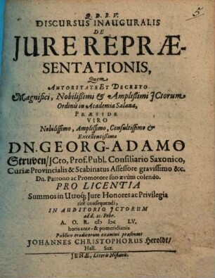 Discursus inaug. de iure repraesentationis