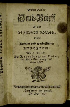 Michael Sattlers Send-Brieff An eine Gemeinde Gottes