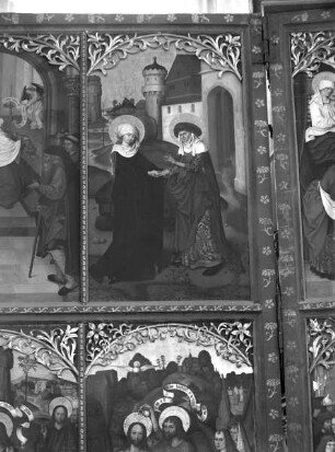 Altar in erster Öffnung — Szenen aus dem Leben Johannes des Täufers — Linker Außenflügel: Vier Szenen aus dem Leben des Heiligen — Die Heimsuchung