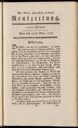 10tes Stück. Wien den 13ten März 1773.
