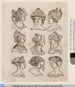 Frauenköpfe mit verschiedenen Kopfbedeckungen und Kragen