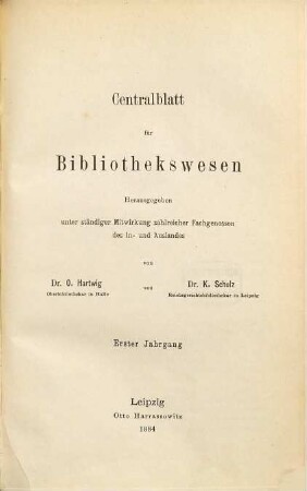 Zentralblatt für Bibliothekswesen. 1. 1884