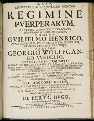 Dissertationem Inauguralem Medicam De Regimine Puerperarum
