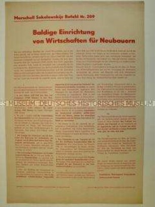Maueranschlag mit Befehl Sokolowskijs Nr. 209 zur Einrichtung von Wirtschaften für Neubauern