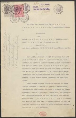Verlagsvertrag "Zwischen dem Componisten Herrn Julius Zaizcek [...] und Herrn Adolph Fürstner"