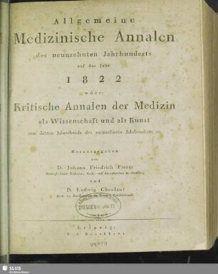 1822: Allgemeine medizinische Annalen des neunzehnten Jahrhunderts