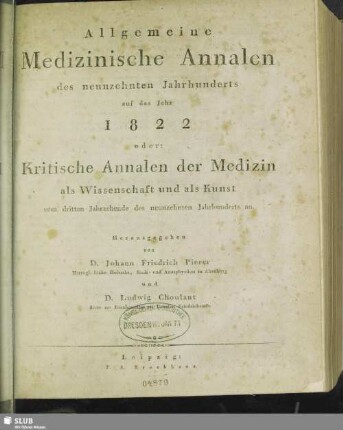 1822: Allgemeine medizinische Annalen des neunzehnten Jahrhunderts