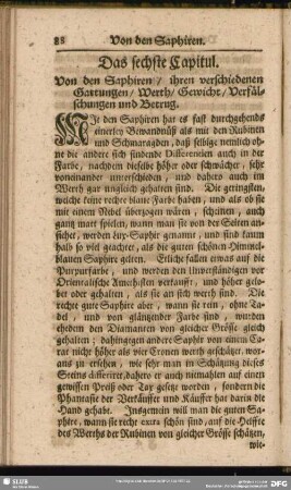 Das sechste Capitul. Von den Saphiren, ihren verschiedenen Gattungen, Werth, Gewicht, Verfälschungen und Betrug