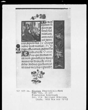 Flämisches Gebetbuch mit Kalender — Der heilige Nikolaus, Folio 214recto