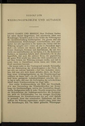 Währungsproblem und Autarkie