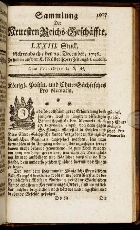 LXXIII. Stuck. Schwabach, den 29. December, 1756.