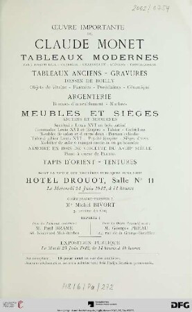 Œuvre importante de Claude Monet : tableaux modernes par: Joseph Bail ..., tableaux anciens, gravures, dessin de Boilly ... meubles et sièges anciens et modernes ... ; Hotel Drouot, 24 juin 1942