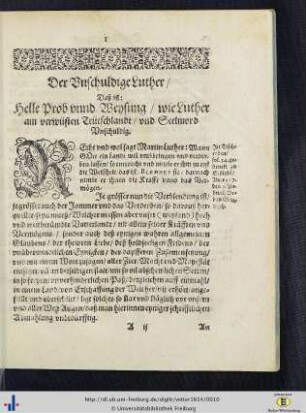 Der Unschuldige Luther, Das ist: Helle Prob unnd Weysung, wie Luther am verwüsten Teütschlandt und Seelmord unschuldig.