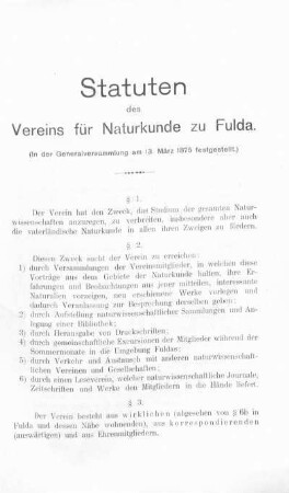 Statuten des Vereins für Naturkunde zu Fulda.