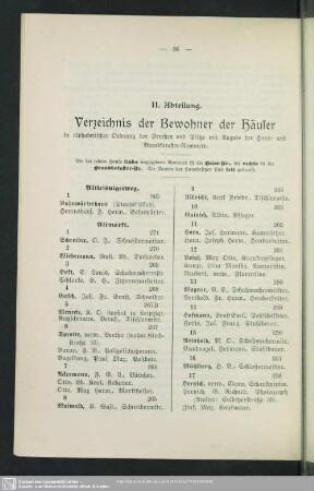 II. Abteilung. Häuserbuch : II. Abteilung. Verzeichnis der Bewohner der Häuser