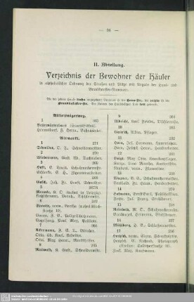 II. Abteilung. Häuserbuch : II. Abteilung. Verzeichnis der Bewohner der Häuser