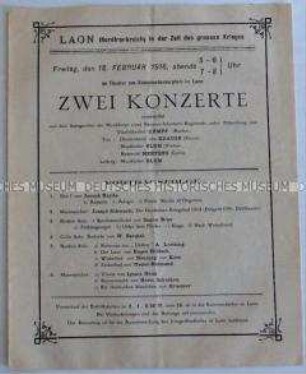 Programm zweier Konzerte für die deutsche Armee im besetzten Frankreich, mit Lied-Texten