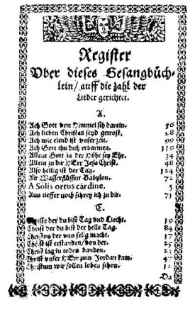 Register Uber dieses Gesangbüchlein/ auff die Zahl der Lieder gerichtet