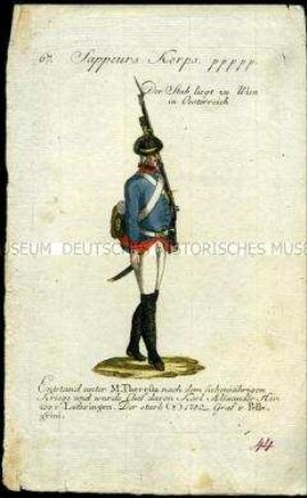 Uniformdarstellung, Gemeiner des Sappeur-Korps, Österreich, 1796. Tafel aus: Geschichte und bildliche Vorstellung der Regimenter des Erzhauses Österreich.